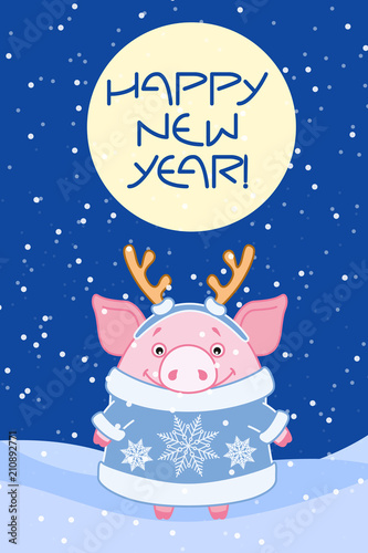 Pig in a fur coat with antlers on his head in the winter evening. Symbol of the new year in the Chinese calendar. 2019. Illustration for postcards, stickers, posters.