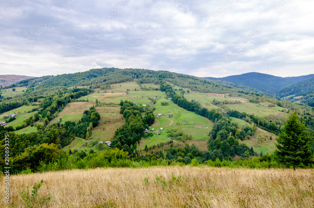 Beautiful view of a Transylvanian rural village spread on a hill with a lot of trees and mountains on the background