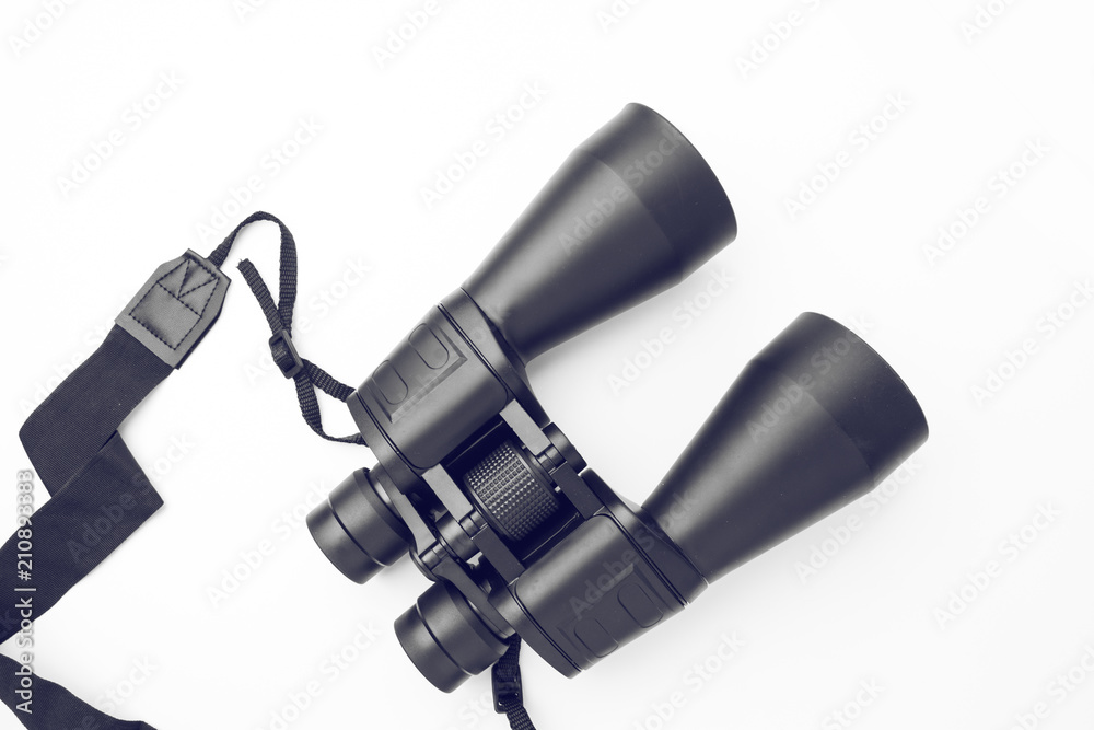 Big Black Binoculars On Plain White Background Top Angle View High Contrast Big Black Binoculars On Plain White Background Top Angle View High Contrast