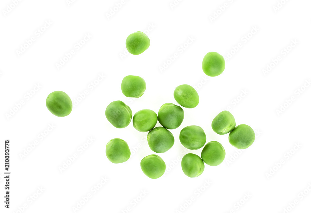 Young green peas on a white background, top view. Young green peas on a white background, top view.
