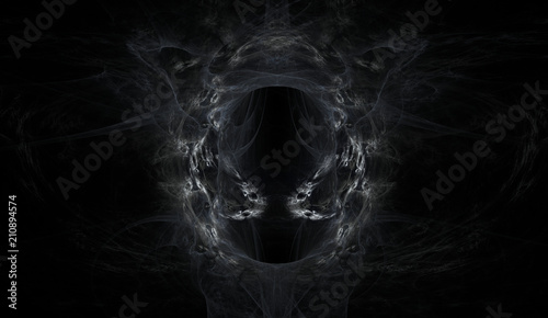 Dark Gateways - intricate fractal flame with swirling light and dark areas  forming tunnels that veer off to infinity. The illustration is mirror symmetrical along the vertical axis.