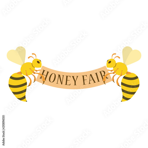 two bees are holding a poster,honey fair,vector image, flat design