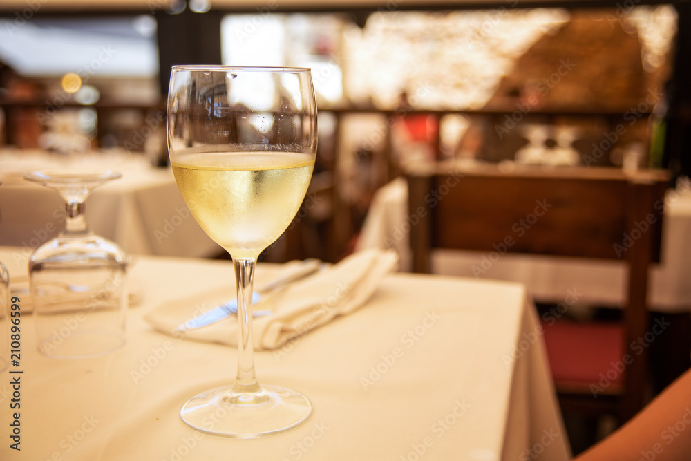 The glass of white wine in street cafe. Space for text