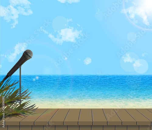 Summer concept for concerts, outdoor activities. Stage on beach with microphone, palm leafs, bokeh, sun and sunlight.