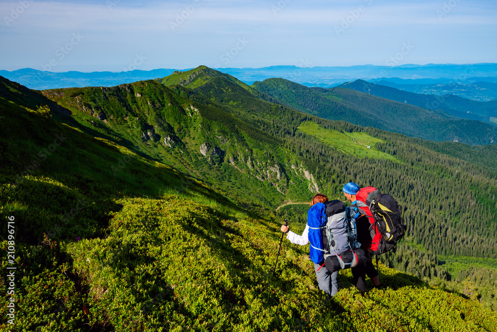 Adventurers with backpacks stands on green mountain ridge