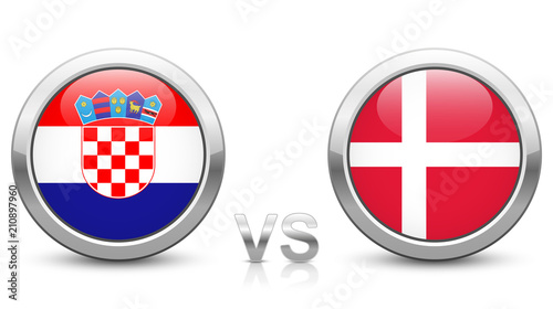 Croatia vs. Denmark. 2018 tournament. Shiny metallic icons buttons with national flags isolated on white background.