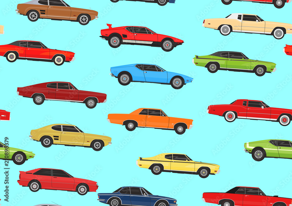 Cartoon muscle cars. Seamless pattern background. Flat vector. Cartoon muscle cars. Seamless pattern background. Flat vector.