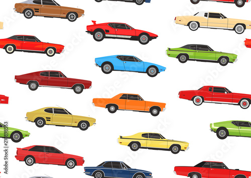 Cartoon muscle cars. Seamless pattern background. Flat vector.