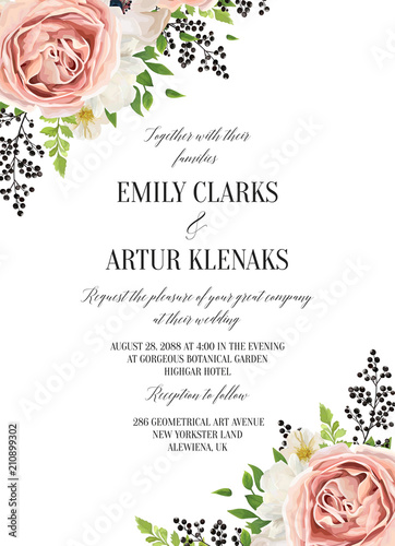Wedding floral watercolor invite, invitation, save the date card design with pink garden rose, white anemones, magnolia flowers, green fern leaves & black berries frame. Vector elegant modern template