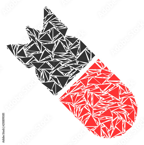 Aviation bomb collage of triangle items in various sizes and shapes. Vector polygons are arranged into aviation bomb shape. Geometric abstract vector illustration.