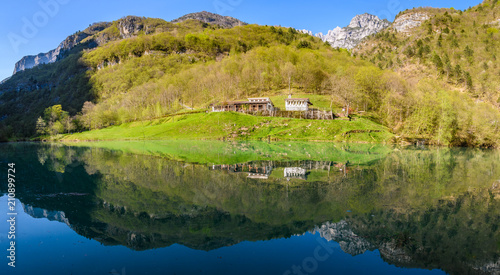 Reflection at sunset in the Mis Valley  Dolomites  Italy