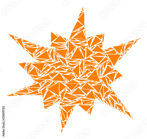 Bang mosaic of triangle items in different sizes and shapes. Vector triangles are united into bang illustration. Geometric abstract vector illustration.