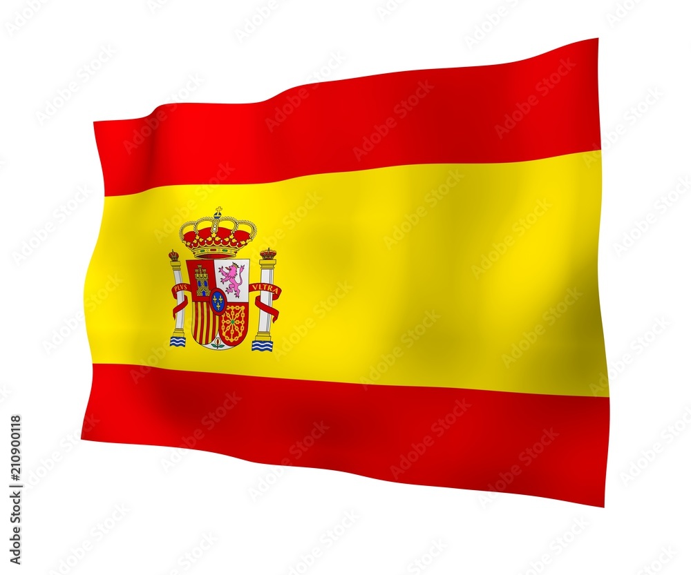 The flag of Spain. Official state symbol of the Kingdom of Spain (Spanish: Reino de Espana). Concept: web, sports pages, language courses, travelling, design elements. 3d illustration The flag of Spain. Official state symbol of the Kingdom of Spain (Spanish: Reino de Espana). Concept: web, sports pages, language courses, travelling, design elements. 3d illustration