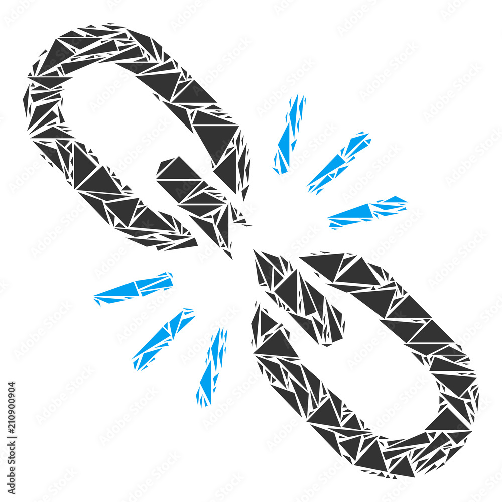 Break chain link collage of triangle items in variable sizes and shapes. Vector triangles are