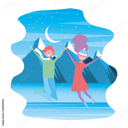 happy couple travelers in winter mountains winter landscape