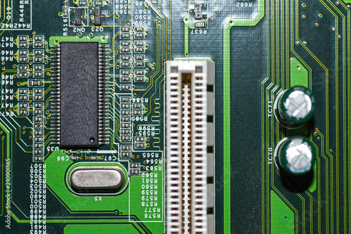 Microchips, radioelements, processor on the electronic board, motherboard photo