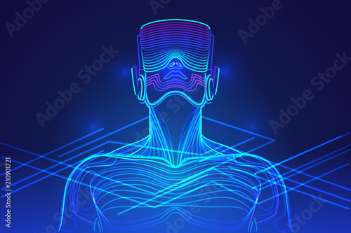 Person wearing virtual reality glasses. Abstract vr world with neon lines. Vector illustration