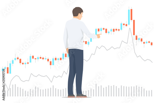 Stock market trader analyzing diagrams. Isolated vector illustration