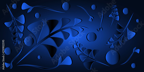 Vector pattern of blue black plants and blades of grass on a dar