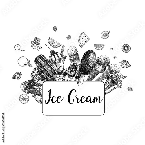 Set of hand drawn sketch style ice cream with fruits and berries isolated on white background. Vector illustration.
