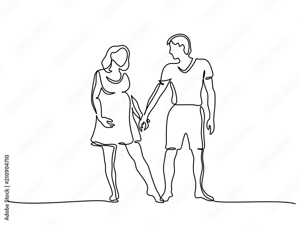 Continuous line drawing. Happy pregnant woman walking with her husband, silhouette picture. Vector illustration