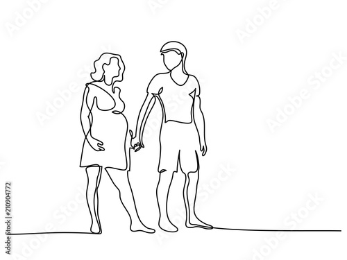 Continuous line drawing. Happy pregnant woman walking with her husband, silhouette picture. Vector illustration