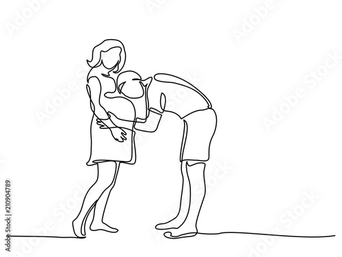 Fototapeta Naklejka Na Ścianę i Meble -  Continuous line drawing. Happy pregnant woman walking with her husband, silhouette picture. Vector illustration