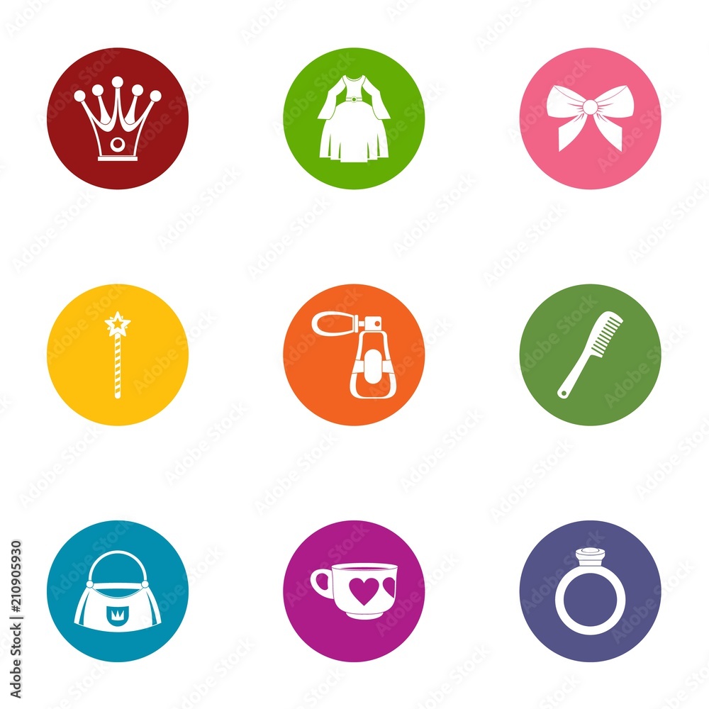 Princess icons set. Flat set of 9 princess vector icons for web isolated on white background Princess icons set. Flat set of 9 princess vector icons for web isolated on white background