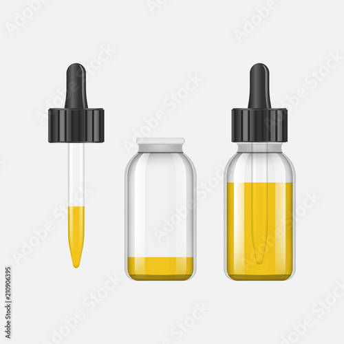 Realistic bottles mock up with tastes for an electronic cigarette with different fruit flavors. Dropper bottle with liquid for Vape. Vector illustration.