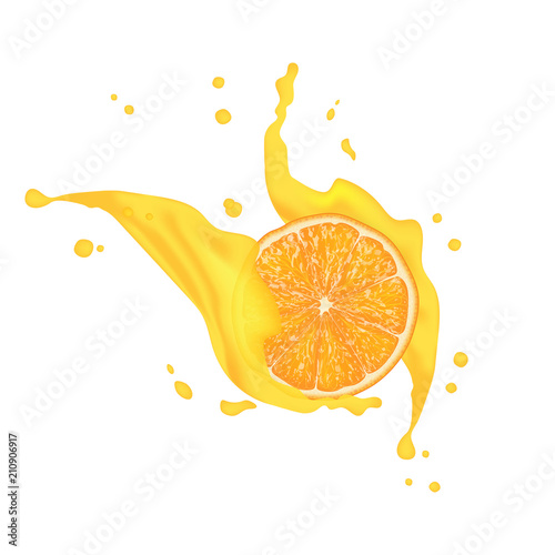 Cocktail realistic juice. 3d orange, lemon fruit with falling slices and splashing juice. Packaging design elements. Juicy advertising citrus. Vector