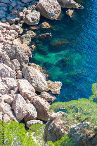 rocky sea shore view from the top