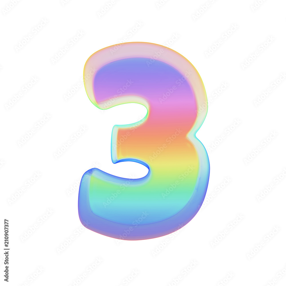 Alphabet number 3. Rainbow font made of bright soap bubble. 3D render isolated on white background.