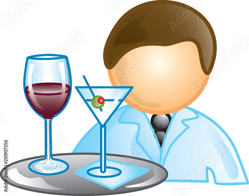 Illustration of a waiter icon holding a tray with wine and a martini. This icon is part of the food industry icon collection.