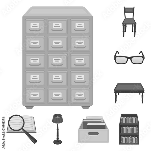 Library and bookstore monochrome icons in set collection for design. Books and furnishings vector symbol stock web illustration.