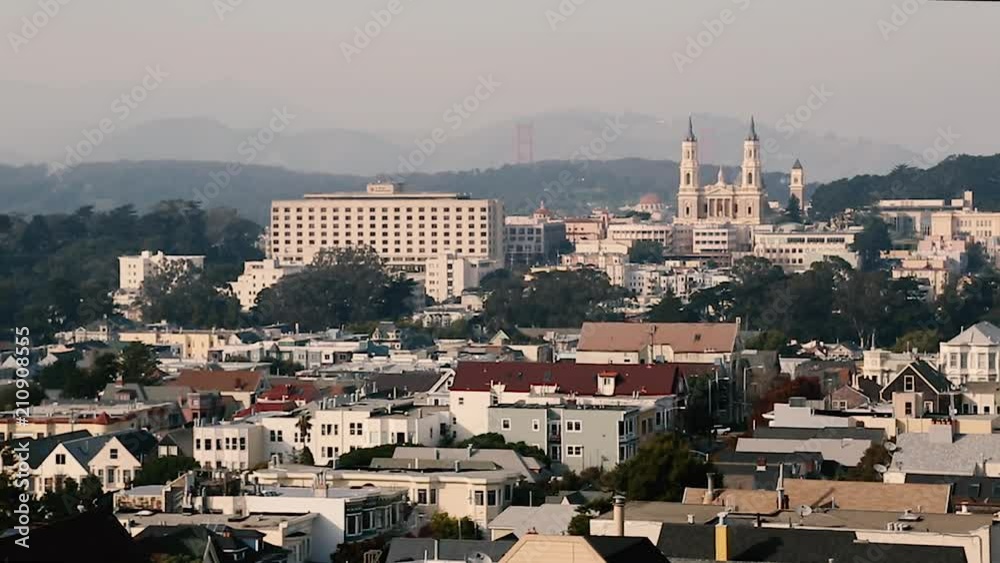 Skyline of San Francisco: Golden Gate bridge and St. Ignatius Cathedral Visible Skyline of San Francisco: Golden Gate bridge and St. Ignatius Cathedral Visible