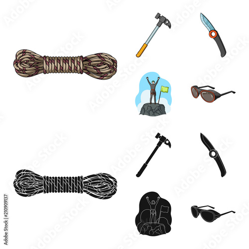 Climber on conquered top, coil of rope, knife, hammer.Mountaineering set collection icons in cartoon,black style vector symbol stock illustration web.
