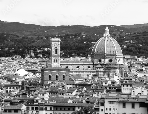 Duomo Santa Maria del Fiore and Bargello in Florence, aka Firenze, Tuscany, Italy. Aerial view of cathedral. Black and white image. photo