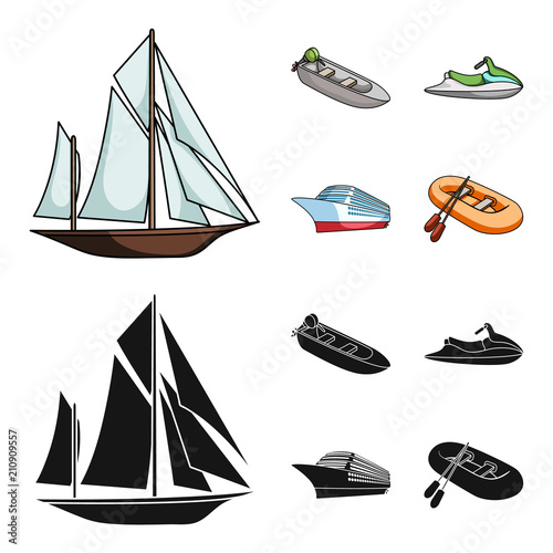 Ancient sailboat, motor boat, scooter, marine liner.Ships and water transport set collection icons in cartoon,black style vector symbol stock illustration web.