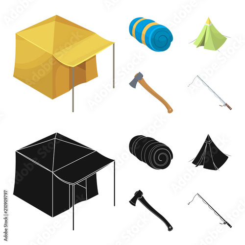 Tent with awning, ax and other accessories.Tent set collection icons in cartoon,black style vector symbol stock illustration web.