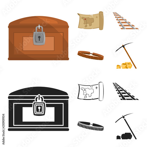 Treasure map, chest, rails, patrol.Wild west set collection icons in cartoon,black style vector symbol stock illustration web.