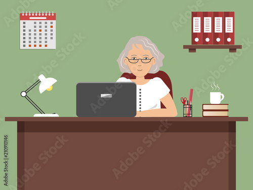Web banner of an elderly office worker in the workplace. The lady is sitting at the desk on a green background. There is a laptop, a lamp, a calendar and red folders on the picture. Vector