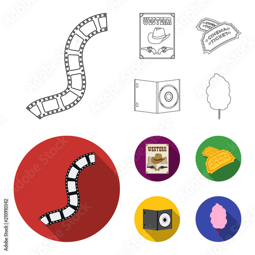 Western cinema, tickets, sweet cotton wool, film on DVD.Filmy and cinema set collection icons in outline,flat style vector symbol stock illustration web.