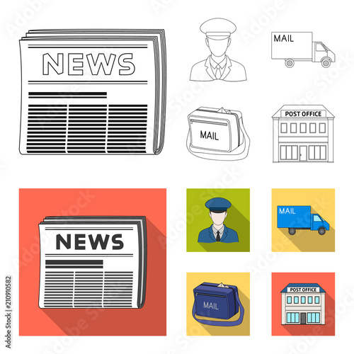 The postman in uniform, mail machine, bag for correspondence, postal office.Mail and postman set collection icons in outline,flat style vector symbol stock illustration web.