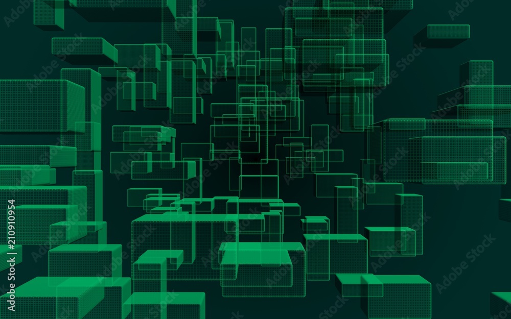 Green and dark abstract digital and technology background. The pattern with repeating rectangles. 3D illustration