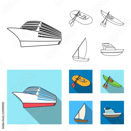 A rubber fishing boat, a kayak with oars, a fishing schooner, a motor yacht.Ships and water transport set collection icons in outline,flat style vector symbol stock illustration web.
