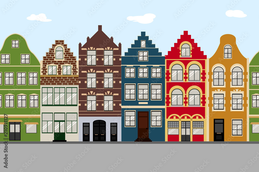 Seamless Border of Cute retro houses exterior. Collection of European building facades. Traditional architecture of Belgium and Netherlands