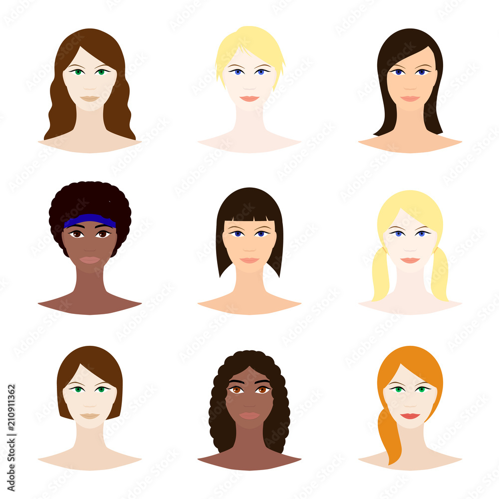 Female avatar set, woman faces icons. White and black young girls with various hair style. Female character design. Vector illustration Female avatar set, woman faces icons. White and black young girls with various hair style. Female character design. Vector illustration