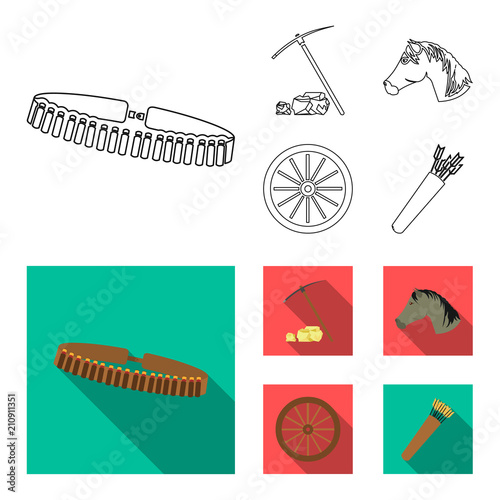 Pickax hoe, horse head, wheel cart, quiver with arrows.Wild west set collection icons in outline,flat style vector symbol stock illustration web.