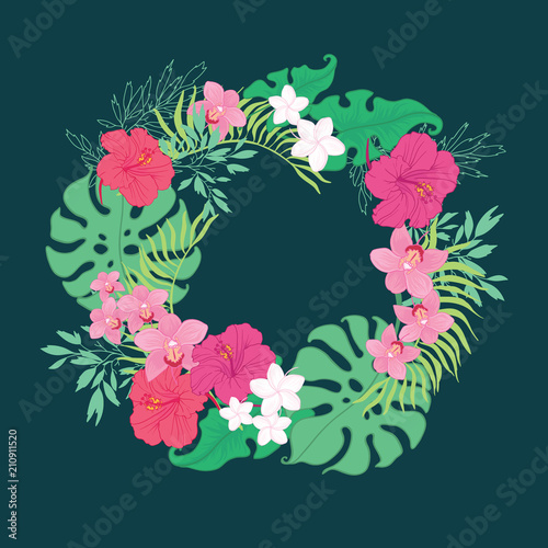 Tropical orchid hibiscus flowers wreath. Great for summer exotic wallpaper, b...
