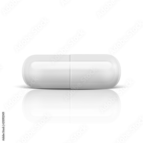 Vector realistic 3d white medical pill icon with reflection isolated on white background. Design template for graphics, banners. Horizontal position